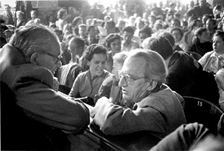 At the meeting of the Petöfi Cercle on June 27,1956, Arpad Szakasits, social democrat, talks to philosopher George Lukacs.